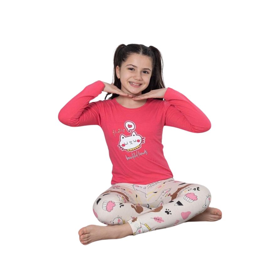 Pijama Copii Fete Baki Penye, Material Moale si Respirabil, Confort si Siguranta, Design Vesel, Pentru Toate Sezoanele | 0617-PK Imagine principală a produsului