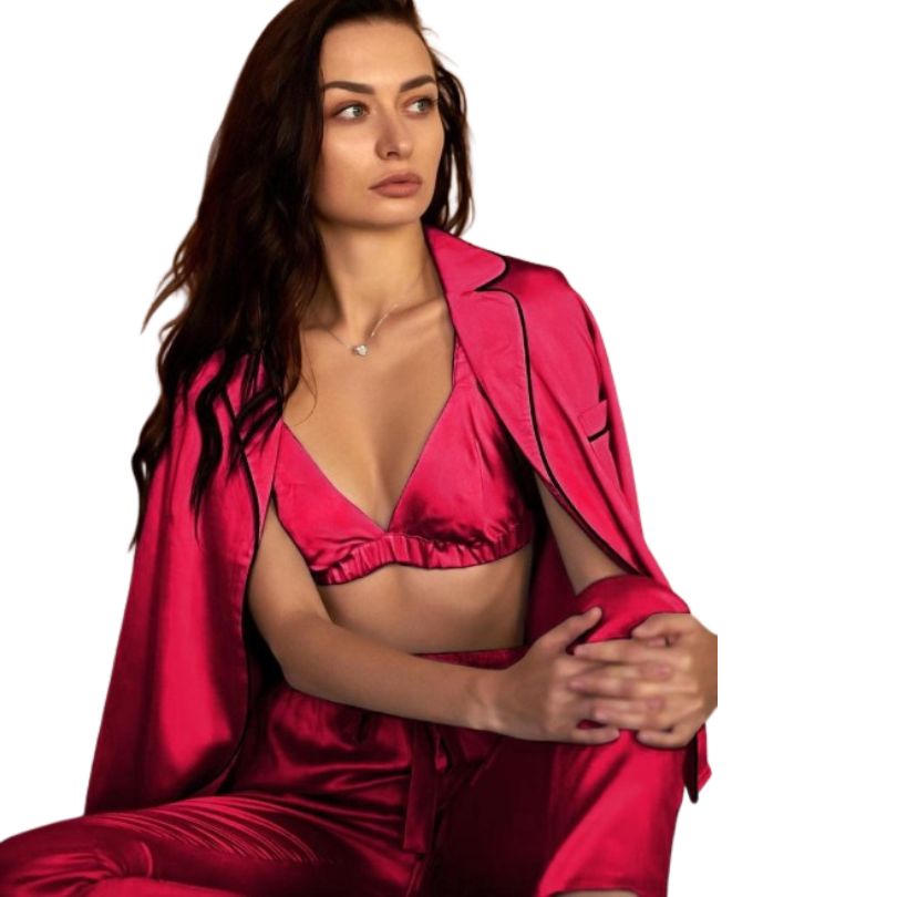 Pijamale Satin 3 Piese, Material Fin si Elegant, Confort si Rafinament, Set Bluza, Pantaloni si Halat | 0693-PK Imagine principală a produsului