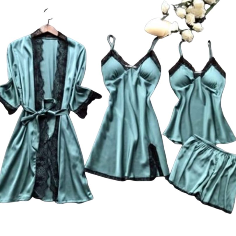 Pijamale Satin 4 Piese, Material Fin si Elegant, Set Bluza, Pantaloni, Pantaloni Scurti si Halat, Rafinament si Confort | 0696-PK