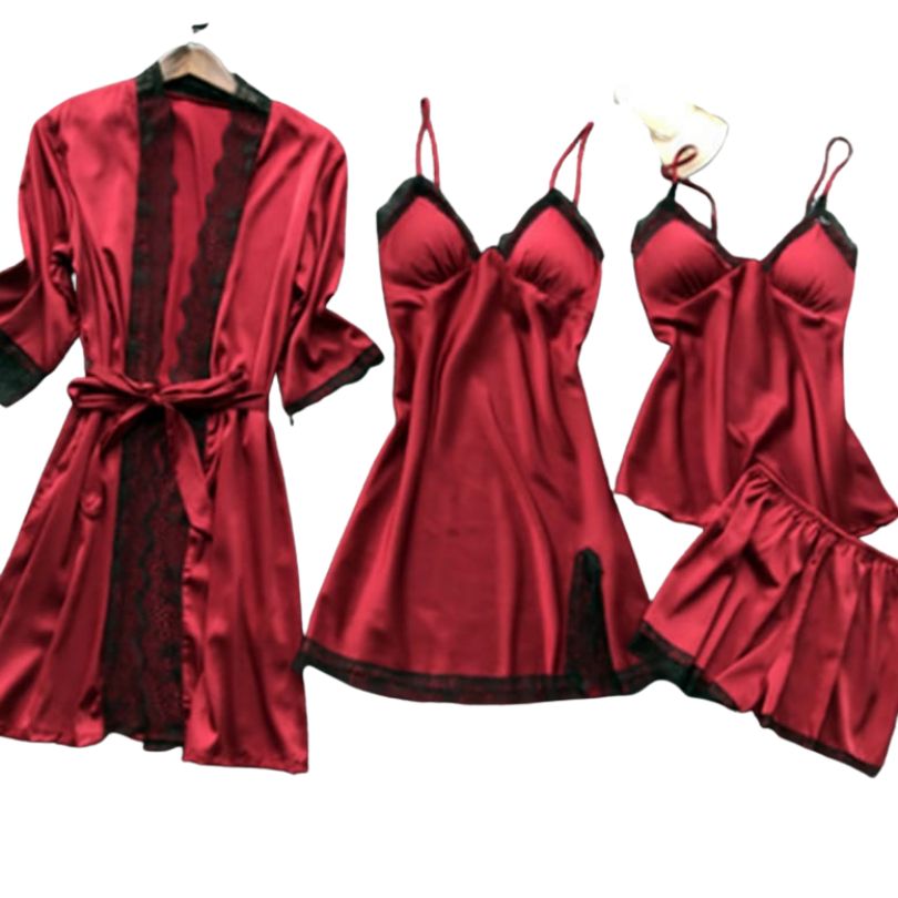 Pijamale Satin 4 Piese, Material Fin si Elegant, Set Bluza, Pantaloni, Pantaloni Scurti si Halat, Rafinament si Confort | 0697-PK