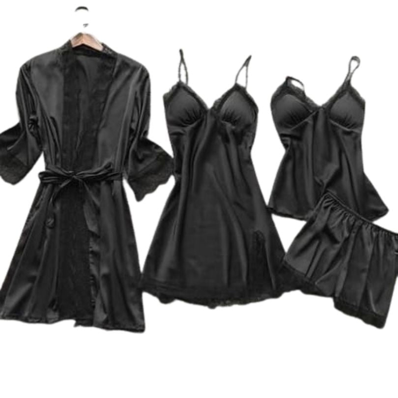 Pijamale Satin 4 Piese, Material Fin si Elegant, Set Bluza, Pantaloni, Pantaloni Scurti si Halat, Rafinament si Confort | 0698-PK  Imagine principală a produsului