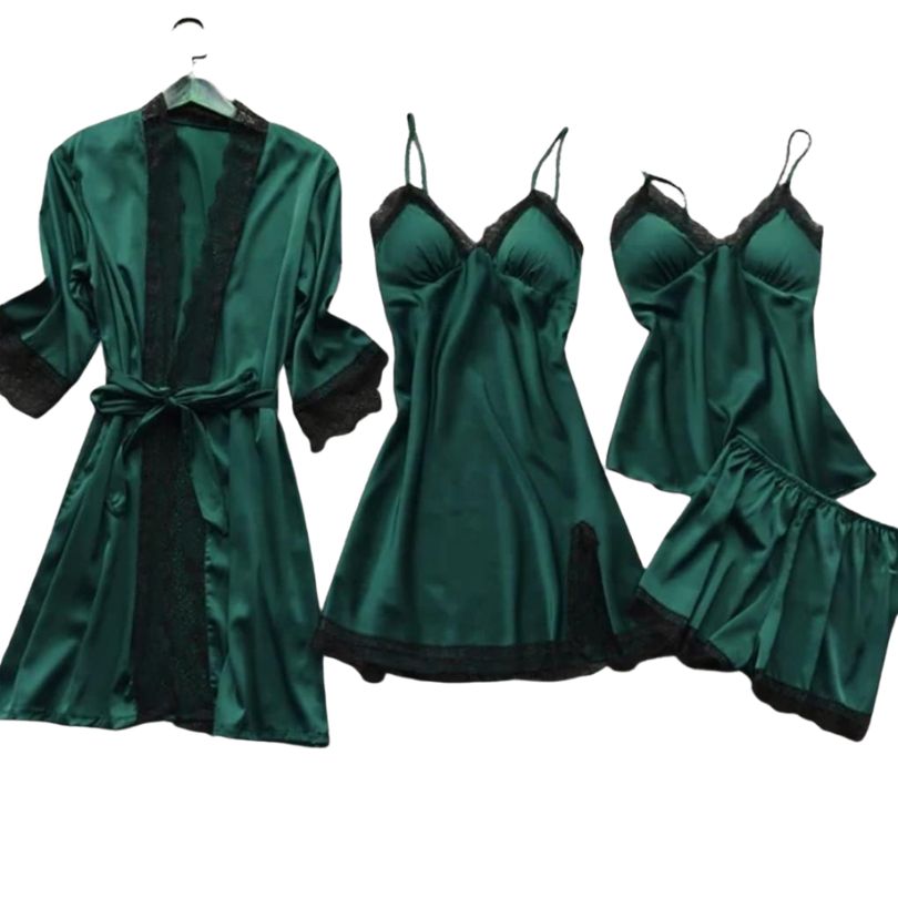 Pijamale Satin 4 Piese, Material Fin si Elegant, Set Bluza, Pantaloni, Pantaloni Scurti si Halat, Rafinament si Confort | 0699-PK