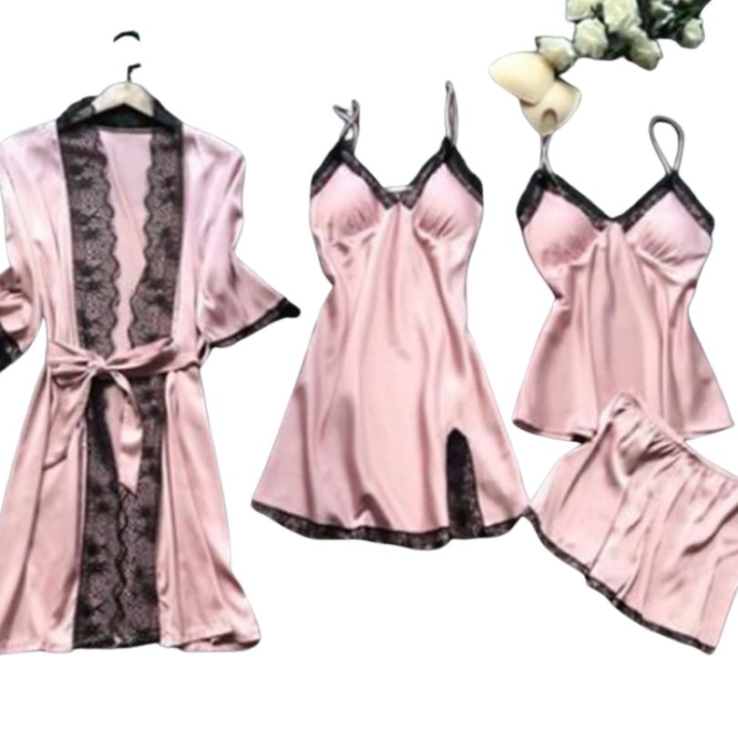 Pijamale Satin 4 Piese, Material Fin si Elegant, Set Bluza, Pantaloni, Pantaloni Scurti si Halat, Rafinament si Confort | 0700-PK Imagine principală a produsului