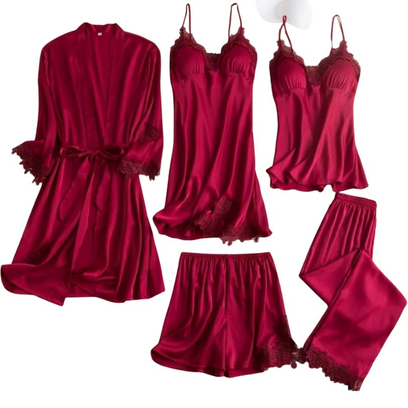 Pijamale Satin 5 Piese, Material Fin si Elegant, Set Bluza, Pantaloni Lungi, Pantaloni Scurti, Halat si Top, Rafinament si Versatilitate | 0702-PK
