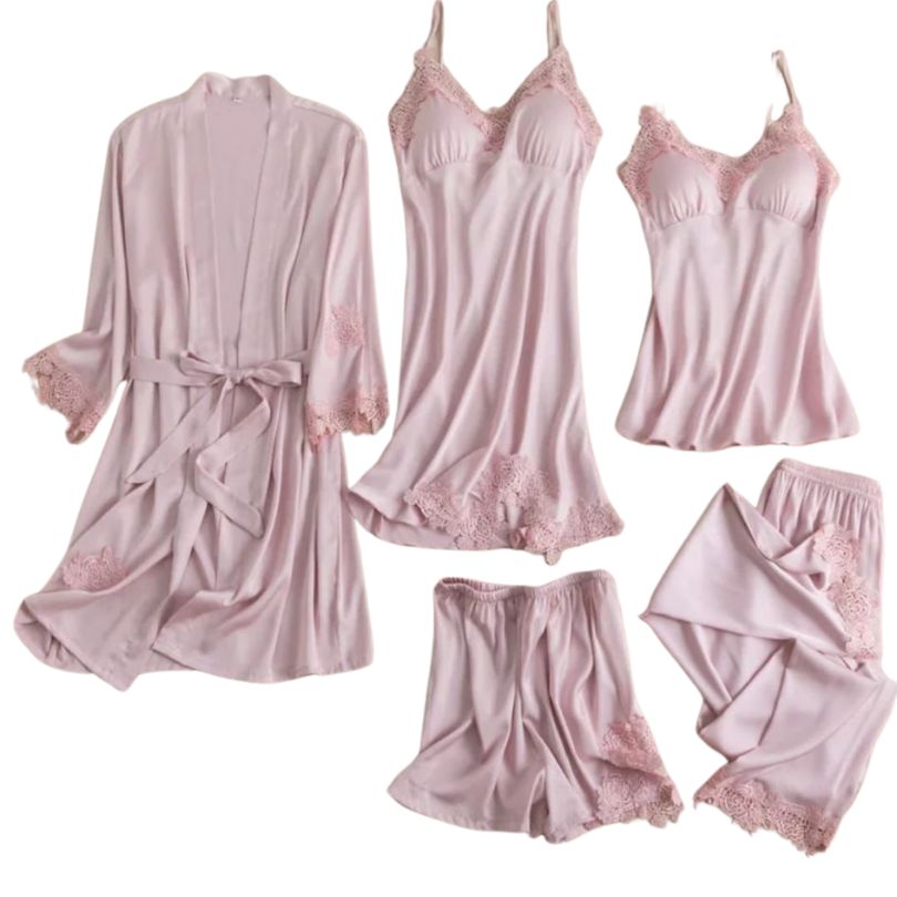  Pijamale Satin 5 Piese, Material Fin si Elegant, Set Bluza, Pantaloni Lungi, Pantaloni Scurti, Halat si Top, Rafinament si Versatilitate | 0703-PK