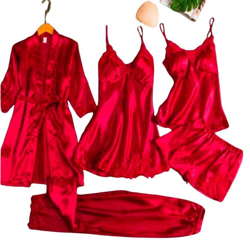 Pijamale Satin 5 Piese, Material Fin si Elegant, Set Bluza, Pantaloni Lungi, Pantaloni Scurti, Halat si Top, Rafinament si Versatilitate | 0704-PK